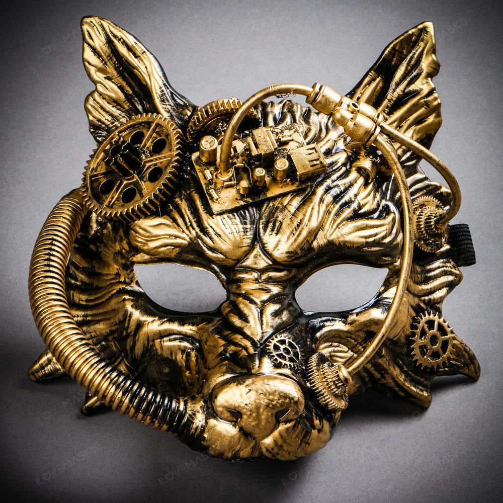 Wild Wolf Animal Steampunk Full Face Masquerade Mask - Black Gold